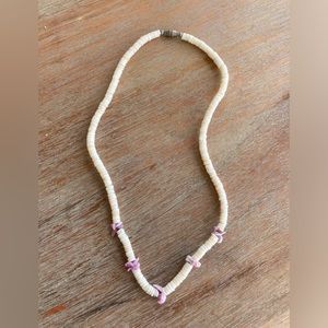 Puka bead necklace with purple wampum shells 16” long